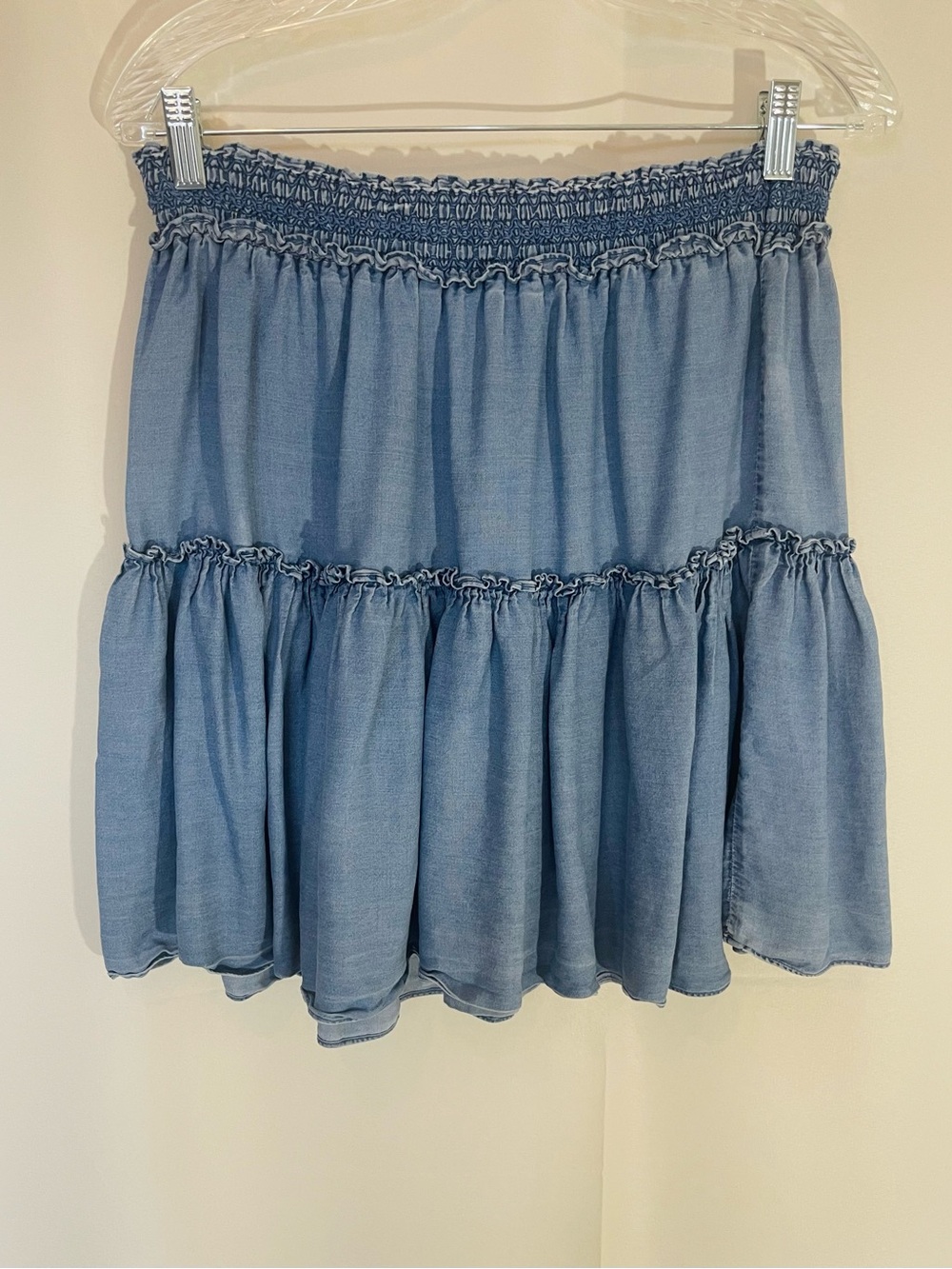 Kate Spade Broom Street Light Blue Chambray Tiered Mini Skirt Size M